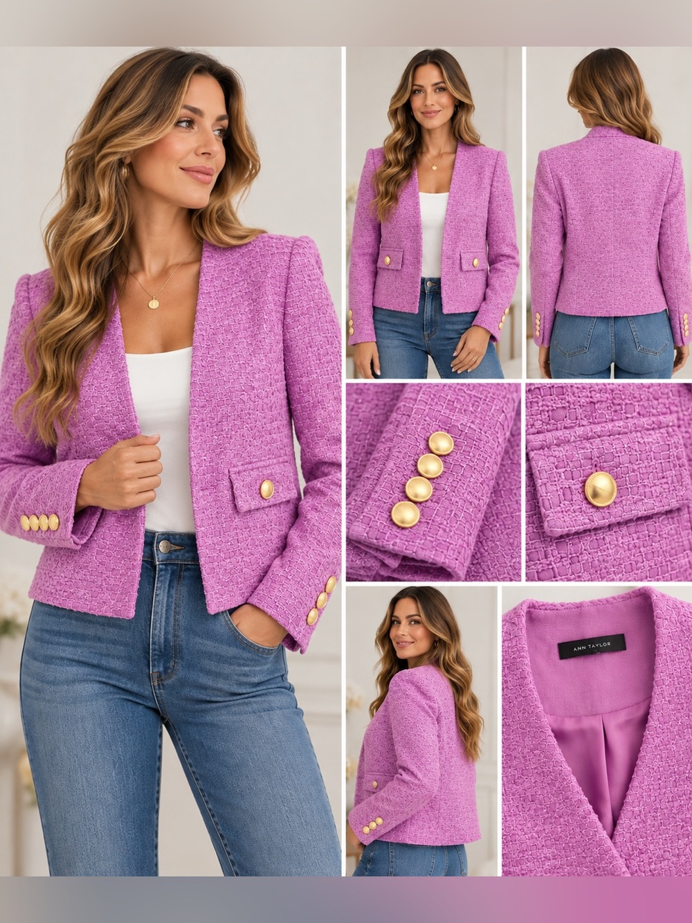 Ann Taylor Lilac Tweed Cropped Blazer with Gold Buttons NWT Size 10
